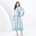 2024 Spring/Summer - Palace style stand up collar lantern sleeves wave side length retro printed dress