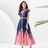 2023 Early Autumn Palace Style Flip Collar Single Front Small Flying Sleeve Printed Long Dress