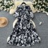 High end slimming dress 2024 autumn new item European and American niche V-neck strap lantern sleeve waist cinching floral skirt