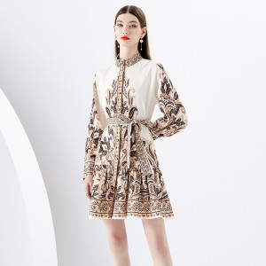 2024 Early Spring - Vacation style stand up collar lantern sleeves wave side length printed dress