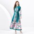 2024 Spring/Summer - Vacation style retro stand up collar single breasted lantern sleeve printed wide swing long dress