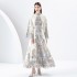 2024 Early Spring - Palace style stand up collar flared sleeve printed long lace dress