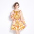 Original Spot | 2024 Early Spring New Printed Retro Collar Fashion Dress Lantern Sleeve High Waist A-line Skirt