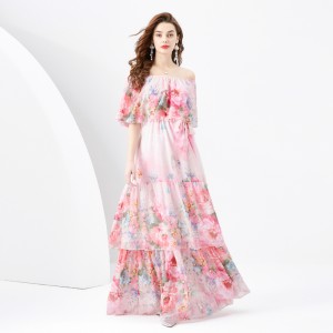 2024 Spring/Summer - Vacation Style One Shoulder Lotus Leaf Edge Holiday Printed Long Cake Dress