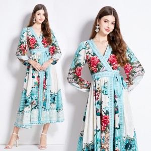 Original in stock | 2024 early spring V-neck ethnic style long sleeved printed waist lace up long dress