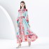 2024 Early Spring - Vacation style stand up collar lantern sleeves wave side length colorful printed dress