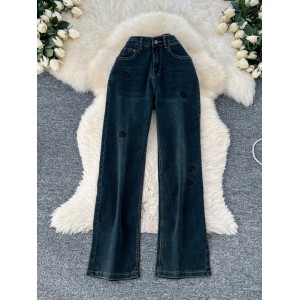 High waisted wide leg straight leg pants for children in autumn 2024, new loose and slim fit, narrow version, rhinestone embroidered casual jeans