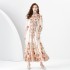 2024 Early Spring - Palace style stand up collar lantern sleeve wave side length retro printed dress