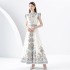 Early spring 2024- Palace style lapel sleeveless waist cinched wide skirt printed long dress