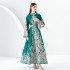 2024 Early Spring - Palace style stand up collar flared sleeve printed long lace dress