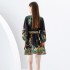 2024 Early Spring - Vacation style V-neck pleated lantern sleeves retro printed mini dress