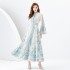 2024 Early Spring - Palace style stand up collar flared sleeve single placket printed long lace dress