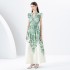 2024 Spring/Summer - Palace style lapel, sleeveless waist, wide skirt, printed long dress