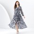 2024 Early Spring - Vacation style V-neck lantern sleeves wave side length retro printed dress two-piece set