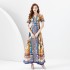 2024 Early Spring - Vacation style suit collar short sleeved pleated wide hem square scarf printed long dress