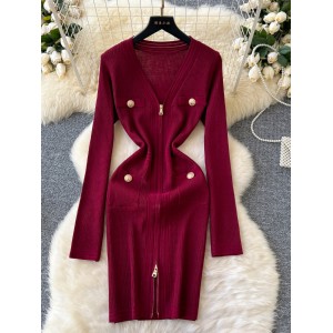 Elegant socialite sexy V-neck zipper long sleeved dress for women in autumn, metal buckle waist cinched bottom knitted woolen dress