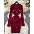 Elegant socialite sexy V-neck zipper long sleeved dress for women in autumn, metal buckle waist cinched bottom knitted woolen dress