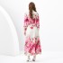 2024 Spring/Summer - Vacation style retro stand up collar single breasted printed wide swing long dress