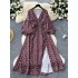 French forest retro floral dress for women in autumn 2024, waist cinched, V-neck, lantern sleeves, slit, large swing, long skirt