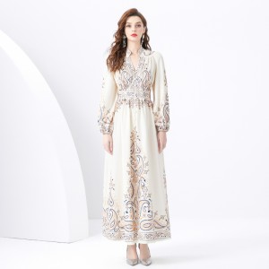 2024 Vacation - Palace Style V-neck Lantern Sleeve Wave Edge Vintage Printed Dress