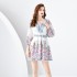 2024 Spring/Summer - Vacation style V-neck pleated lantern sleeves retro printed mini dress