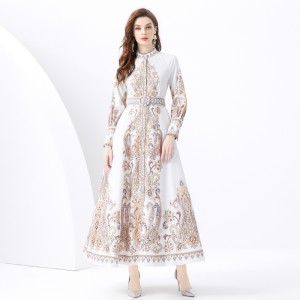 2024 Vacation - Palace style stand up collar lantern sleeve single placket printed long lace dress