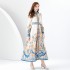 Early Spring 2024- Vintage stand up collar cardigan with wide skirt and lantern sleeves printed long dress