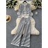 Mingyuan Xiaoxiangfeng set, women's high-end versatile round neck striped knitted cardigan+sweater casual wide leg pants