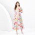 2024 Spring/Summer - Vacation style retro V-neck diagonal cut single breasted printed wide swing long dress