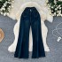 American retro casual design pocket two button high waisted jeans for women, slim and versatile, loose and wide leg pants