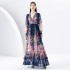 Early Spring 2024- Retro Deep V-neck Lantern Sleeve Wave Edge Wide Swing Printed Long Dress