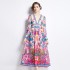 Original in stock | 2024 early spring vacation style temperament design sense V-neck printed long sleeved waist cinching dress