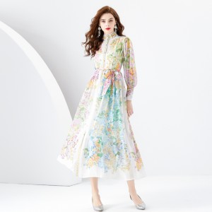 2024 Early Spring - Vacation style stand up collar lantern sleeves wave side length retro printed dress