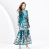 2024 Spring/Summer - Palace style stand up collar lantern sleeves wave side length retro printed dress