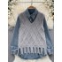 Korean version sweet college style fashion two-piece set of women's tassel knitted vest+casual versatile loose denim shirt