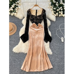 High end socialite dress, 2024 autumn sexy square neck flared sleeve lace patchwork velvet slim fit long dress