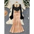 High end socialite dress, 2024 autumn sexy square neck flared sleeve lace patchwork velvet slim fit long dress