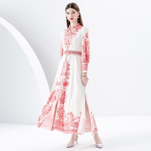 2024- Early Spring Palace Style Flip Collar Single Front Lantern Sleeve Retro Printed Long Dress