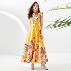 2023 Autumn Palace Vacation Style Standing Collar Lantern Sleeve Wide Skirt Shrink Fold Long Printed Skirt