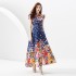 2023 Autumn Palace Vacation Style Standing Collar Lantern Sleeve Wide Skirt Shrink Fold Long Printed Skirt