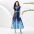 2023 Early Autumn Palace Style Flip Collar Single Front Small Flying Sleeve Printed Long Dress