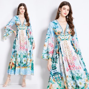 Original in stock | 2024 early spring vacation style temperament design sense V-neck printed long sleeved waist cinching dress