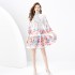 2024 Spring/Summer - Retro painted stand up collar with raglan sleeves and wavy edge printed dress