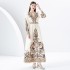 2024- Early Spring Lantern Sleeve V-neck Retro Printed Long Mini Dress