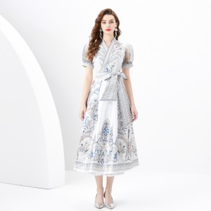 2024 Spring/Summer - Vacation Wrap up Strap Style V-neck Lantern Sleeve Long Retro Printed Dress