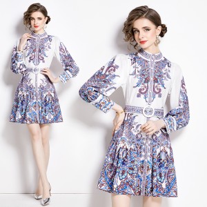 Original in stock | 2024 early spring temperament skirt patchwork print long sleeved slimming retro mid length dress