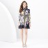 2024 Spring/Summer - Palace style stand up collar lantern sleeves wavy edge mini retro printed dress