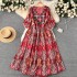 Spring and summer vacation ethnic style printed embroidered square neck dress for women with a waist cinched and pleated A-line loose long skirt