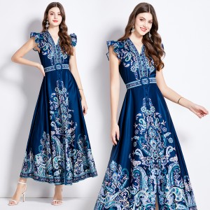 Original in stock | 2024 spring/summer new retro ethnic style printed small fly sleeves big swing dress for women