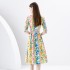 2024 Spring/Summer - Palace Style Flip Collar Short Sleeve Waist Wide Skirt Printed Long Dress